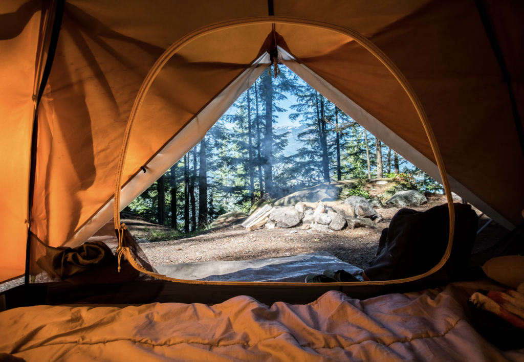 An open tent with door open. The open door has a view of a forrest with big green trees and a blue sky